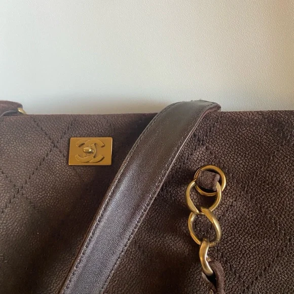 RARE~Chanel Suede Calfskin Antique Gold Metal Brown Shoulder Bag - Picture 6 of 10
